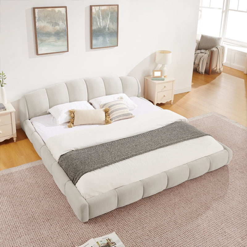 Queen/King Size Upholstered Platform Bed Frame, No Box Spring Required Low Profile Floor Bed with Padded Headboard & Footboard