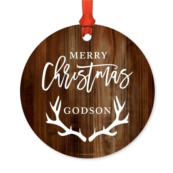 Metal Christmas Ornament, Merry Christmas Godson, Deer Antlers Rustic Wood, Includes Ribbon and Gift Bag