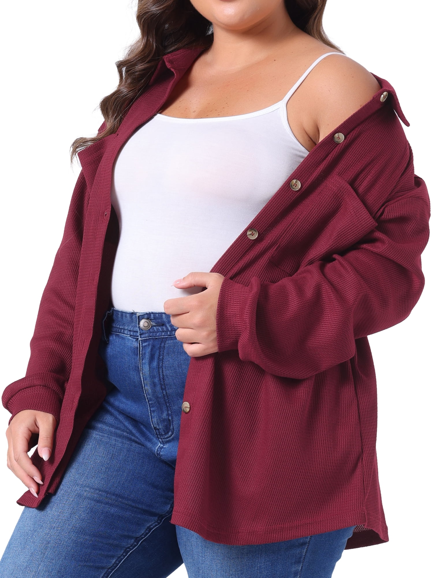 DARING DIVA Plus Size Waffle Knit Shirt Long Sleeve Button Down Jacket 4X Burgundy