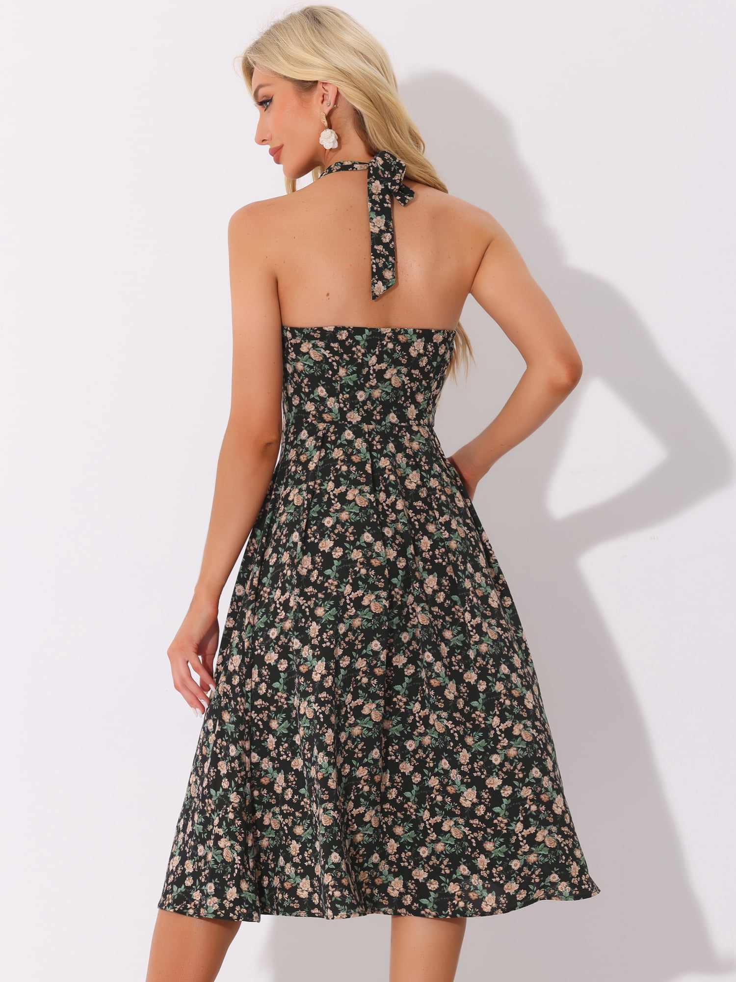 DARING DIVA Women's Halter Sleeveless Lace Up Floral Midi Dresses L Black
