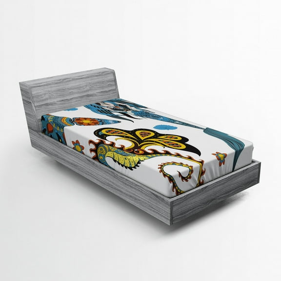 Ambesonne Sky Blue Fitted Sheet, Mermaid and Sea Horse, Twin XL Size, Pale Blue Yellow Orange