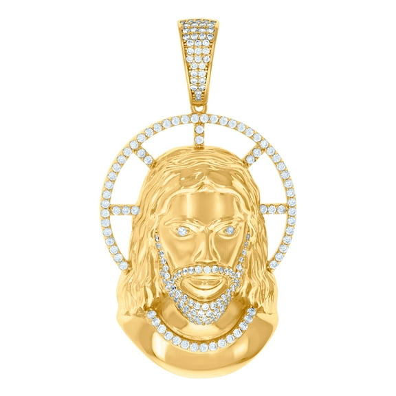 925 Sterling Silver Yellow-tone Mens Round Cubic Zirconia Jesus Religious Charm Pendant 60.4x33mm Wide Necklace for Men