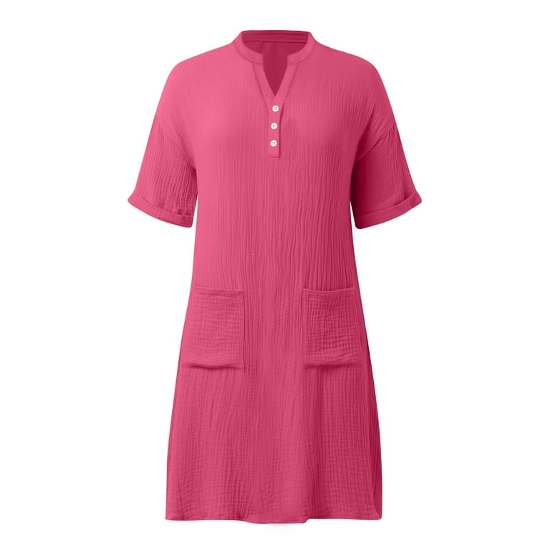 Cmfcve Linen Dress for Women 2026 Crinkle Gauze Short Sleeve V Neck Button  Shirt Dress Casual Loose Fit Vacation Tunic Dress - Walmart.com