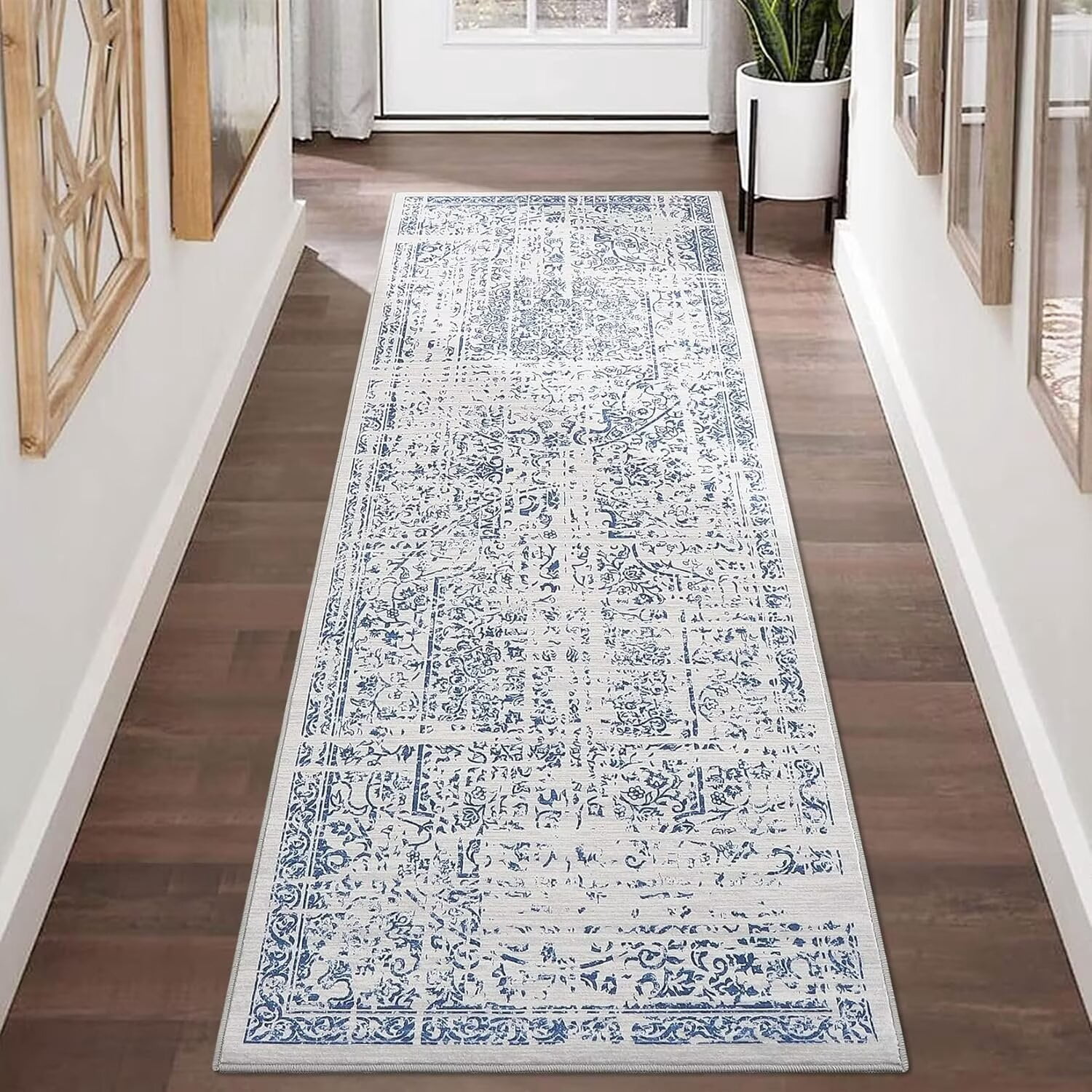 FairOnly 2'x6' Vintage Runner Rug Hallway Area Rugs for Kitchen Washable Non-Slip Blue Soft Rug for Bedroom