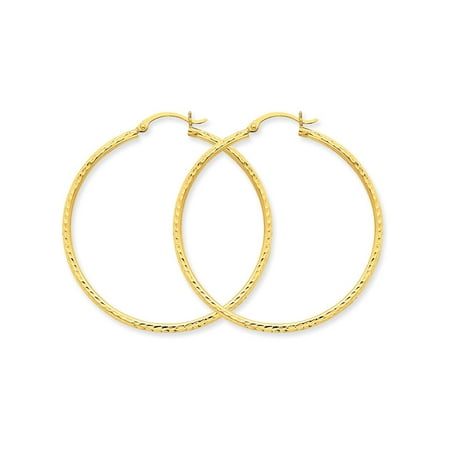 - Large Diamond Cut Hoop Earrings in 10K Yellow Gold 1 1/2 inch (2 mm)
