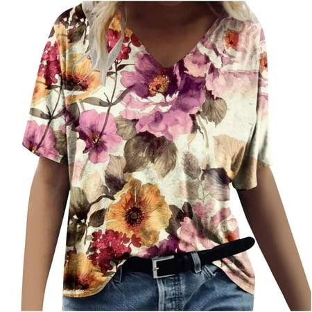

Womens Blouses Women s Casual Round-Neck Printed T-Shirt Loose Short Sleeve Tops Blouse Womens Blouses Yellow XL