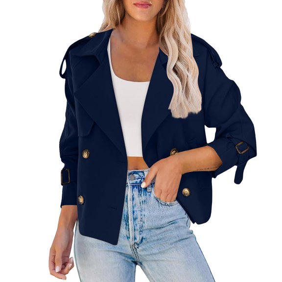 Wutalume Women's Fashionable Casual Pocket Short Double Breasted Windbreaker Jacket, Lightweight and Stylish, Ideal for Spring and Fall, Casual and Outdoor Activities,Navy L