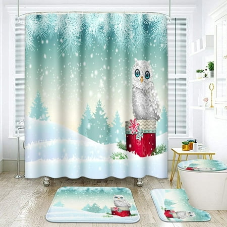 ZHANZZK Christmas Cute White Owl Sitting 4 Piece Bathroom Set Shower Curtain Bath Rug Contour Mat and Toilet Lid Cover