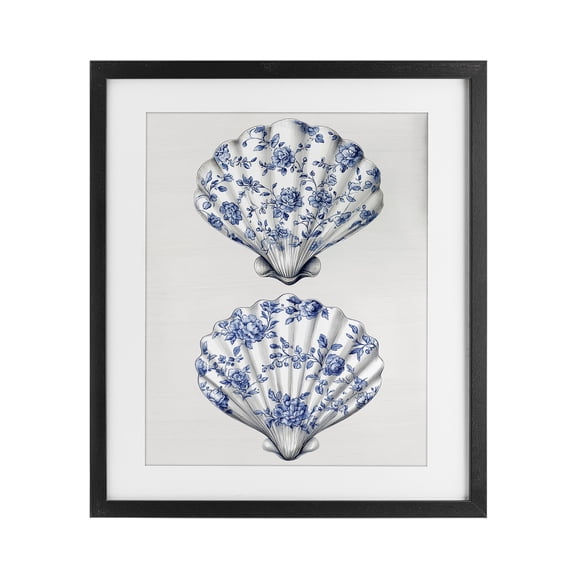 Delicate Toile Seashells Black Framed Print Under Glass, design by Lettered and Lined