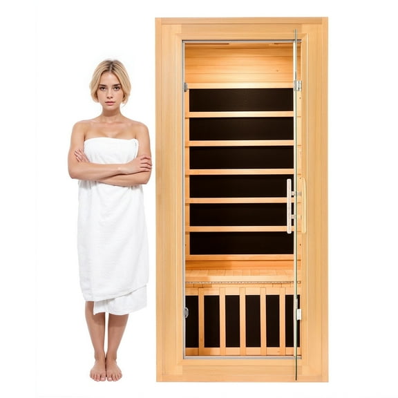 SOGES 1-Person Low EMF Infrared Hemlock Wood Sauna w/ Control Panel, Glass Door, Bluetooth, 1180W, 31.5x31.5x67 in