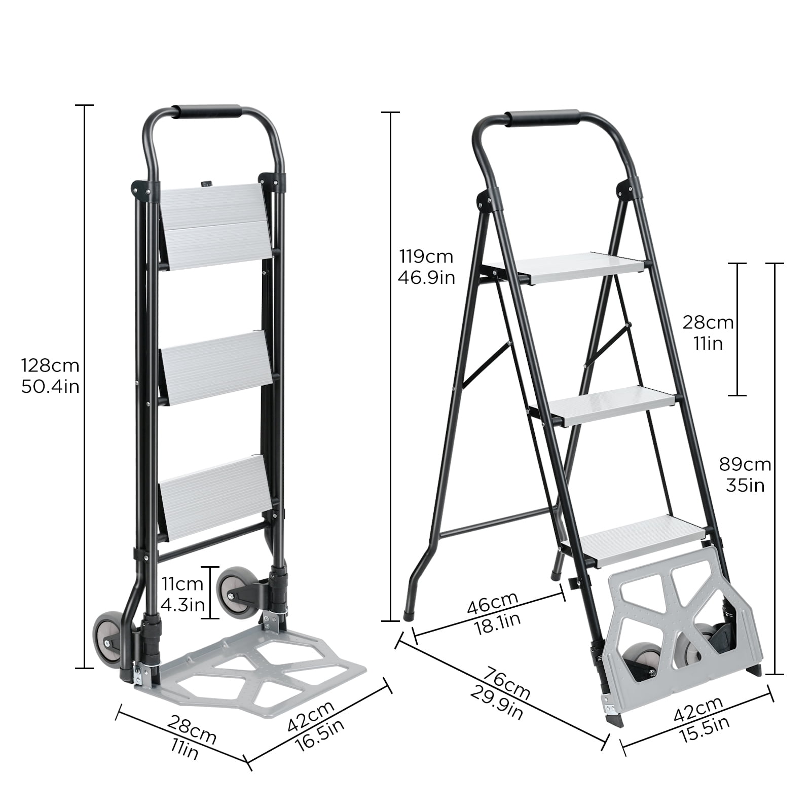 2 in 1 Step Ladder & Hand Truck,Aluminum 3 Step Stool,Folding Ladder with Anti-Slip Pedal,Heavy Duty Dolly Cart, Utility Platform Cart with Wheels