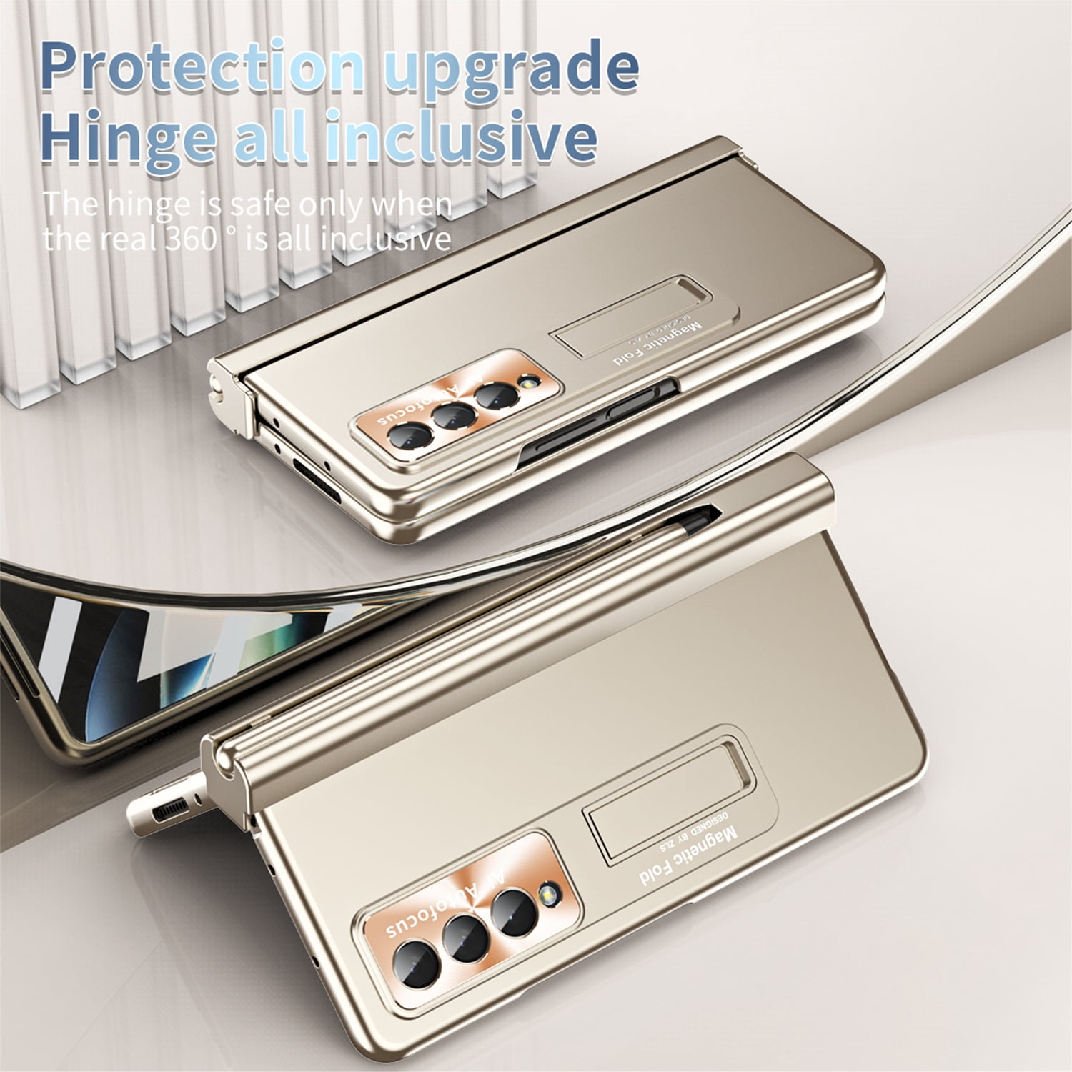 Allytech for Samsung Galaxy Z Fold 4 Case with S Pen Holder, [Come with S Pen Fold Edition] Drop Proof Kickstand All-inclusive Plating Folding Phone Case Cover for Samsung Z Fold 4 5G 2022, Gold