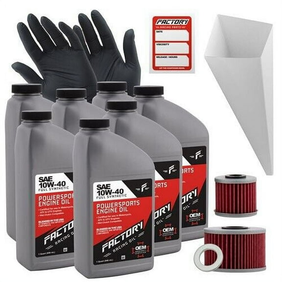 Factory Racing Parts Oil Change Kit compatible with Honda SXS1000M Pioneer, SXS10S2R/X Talon – Includes 7 Quarts of 10W-40 Full Synthetic Oil, 1 Filter, 1 Crush Washer, 1 Funnel, 1 Oil Change Sticker