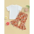 thumbnail image 4 of Bagilaanoe 2Pcs Toddler Baby Girl Long Pants Set Rainbow Letter Print Short Sleeve T-Shirts Tops + Floral Flare Trousers 6M 12M 18M 24M 3T 4T Kids Casual Outfits, 4 of 9