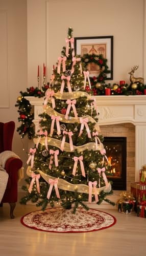 24pcs Double-Sided Twist Tie Bows for Christmas Tree Decorations, Pink Ribbon Bows for Holiday Party, Gift Bag Ties and Festive Decor