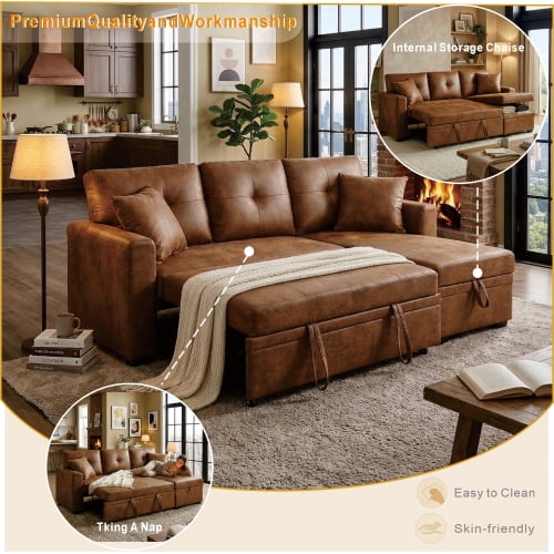 71" L-Shaped Sleeper Sectional Sofa with Pull-Out Bed & Reversible Storage Chaise, Light Brown Breathable Fabric, Convertible Sofa Bed for Small Spaces
