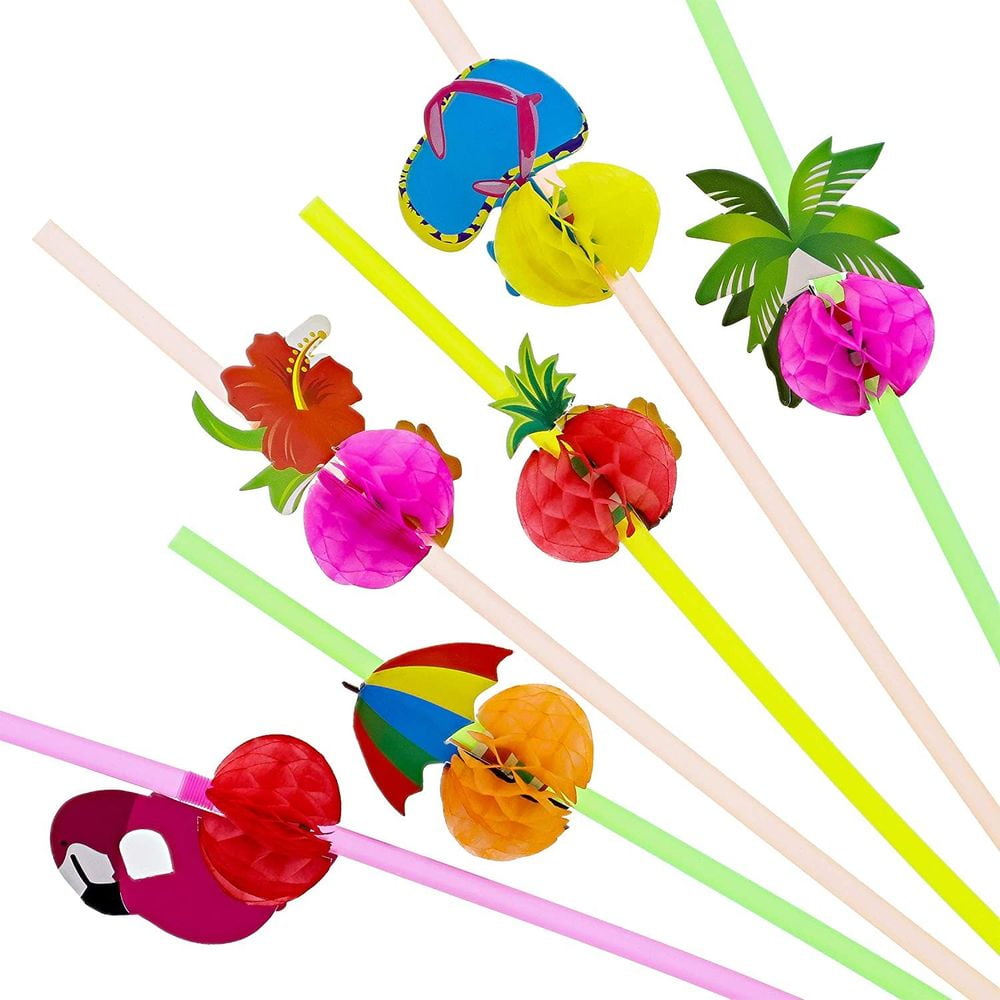 100 Pack Tropical Straws for Cocktail Drinks Garnish, Hawaiian Luau