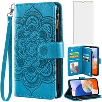 Compatible with Samsung Galaxy A14/M14 5G Wallet Phone Case and Tempered Glass Screen Protector Flower Faux Leather Flip Credit Card Holder Stand Zipper Cell Cover for A 14 4G 14A 14M G5 Women Blue