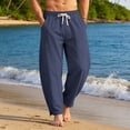 thumbnail image 3 of Homeyce Men Casual Cotton Linen Pants Elastic Waist Drawstring Wide Leg Pants with Pockets Cotton Linen Long Pants Loose Fit Summer Beach Lightweight Linen Dress Trousers,Blue S, 3 of 4