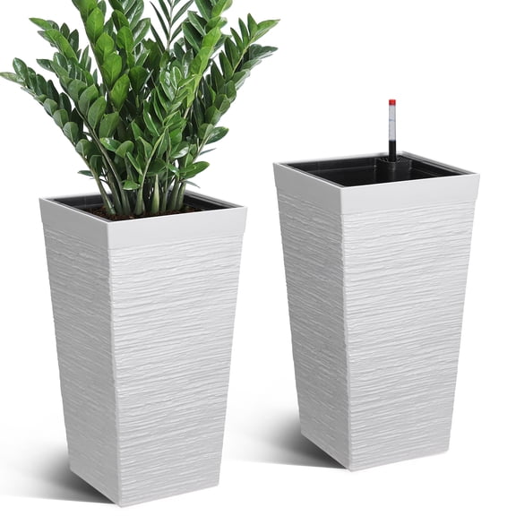 Garvee 22.5 Inch Tall Planters Set of 2, Self Watering Outdoor Indoor Planter Pots with Drainage Holes & Water Level Monitor, High Front Porch Planters – White