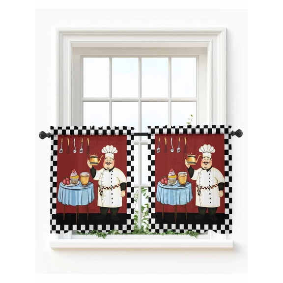Chef Tier Curtains 24 Inch Length,Sheer Curtains for Bedroom Living Room Window Cartoon Red Food Cooking Black White Buffalo Check Voile Drapes Kitchen Curtains Small Half Window 27.5"x24" 2 Panels