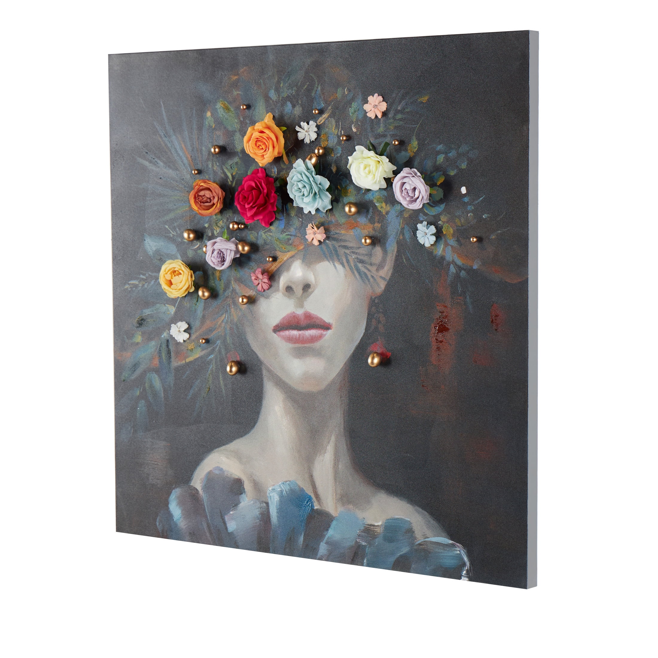 40" x 40" Unframed Woman Wall Art with 3D Multicolor Flowers and Gold Jewels, by DecMode