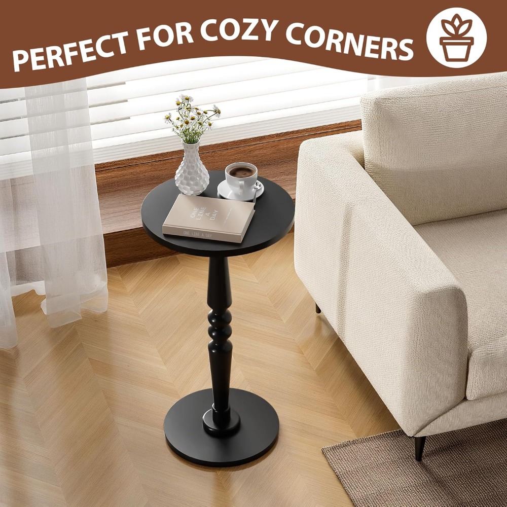 Round Side Table for Livingroom, Bedroom - Small Accent End Table Nightstand with Solid Wood Top and Pedestal Leg - Modern Drink Table for Small Spaces, Corners, Office