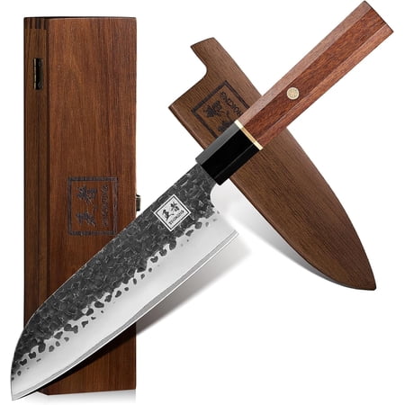 ENOKING 7" Japanese Santoku Chef Knife, Clad Steel Kitchen Cooking Knife for Meat Cutting with Wooden Box