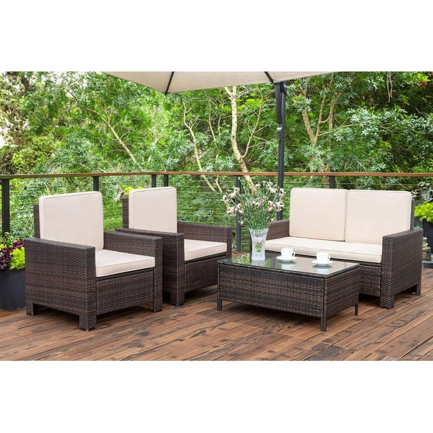 Walnew 4 Pieces Outdoor Patio Furniture Sets Rattan Chair Wicker