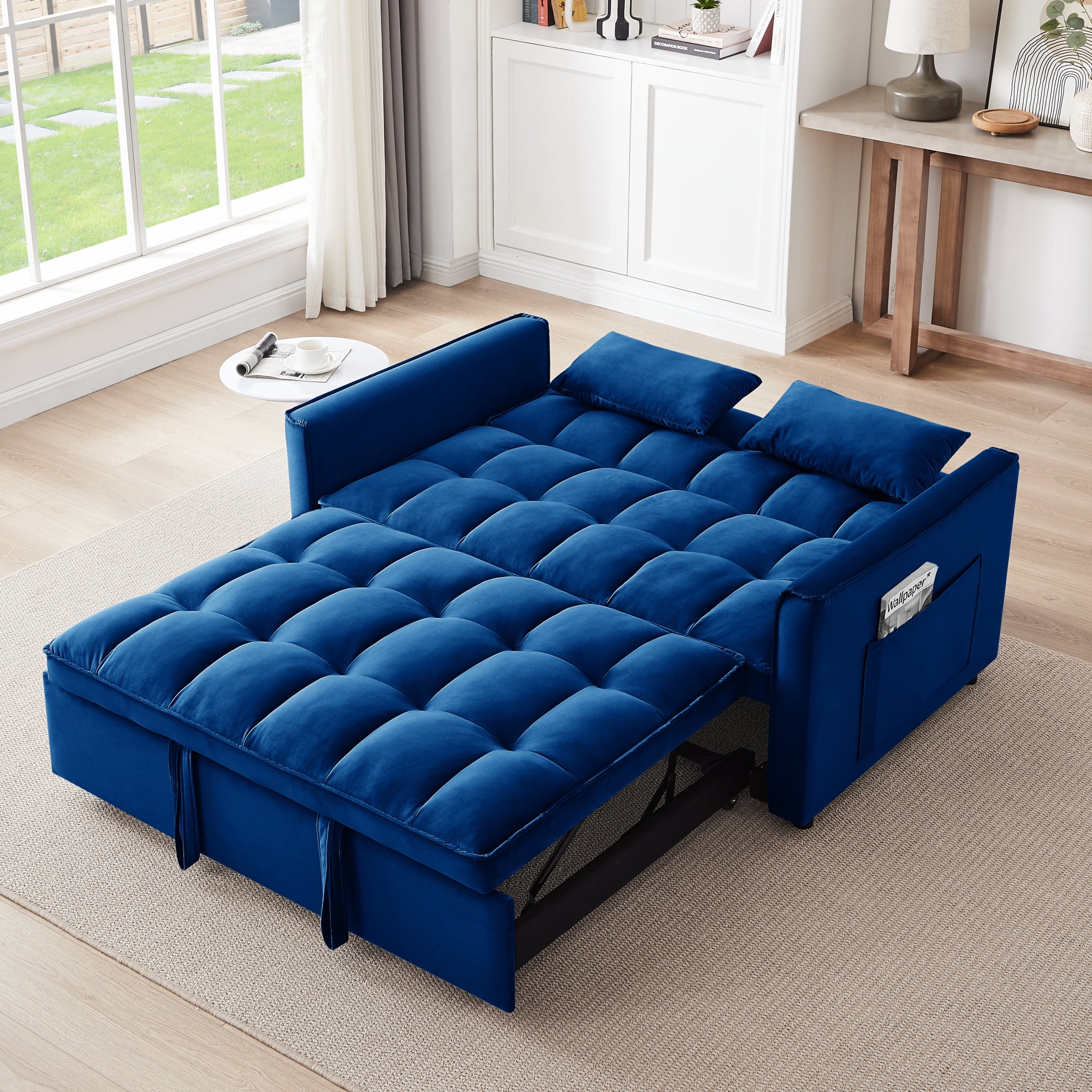 3 in 1 Sleeper ,55" Modern Velvet Convertible Pull Out Bed, Loveseat with 2 Toss Pillows and Adjustable Backrest for ,Blue