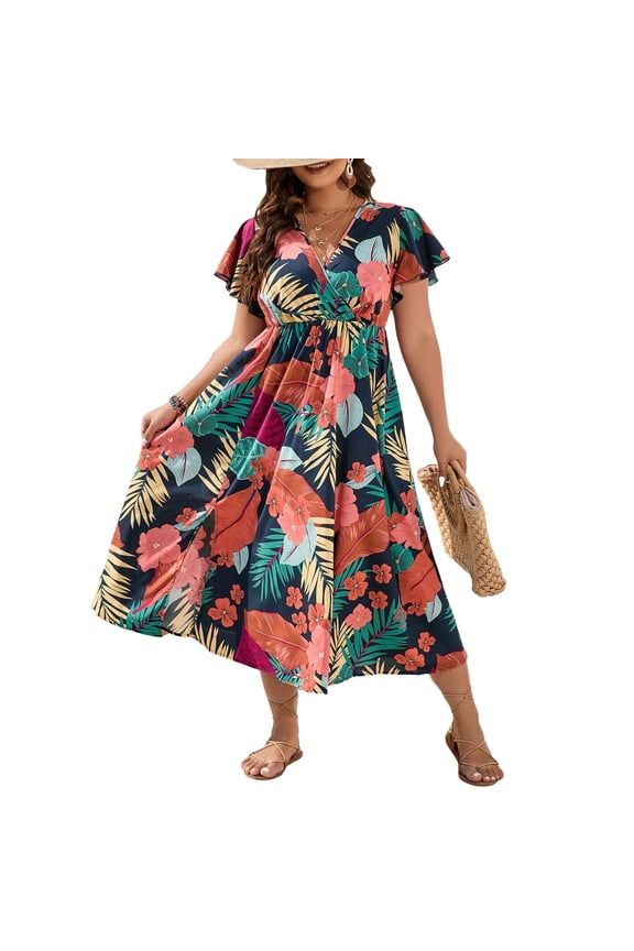 Women's Plus Size Floral Print Wrap V Neck Dress Ruffled Short Sleeve Side Slit Flare Maxi Dresses Multicolor 4XL