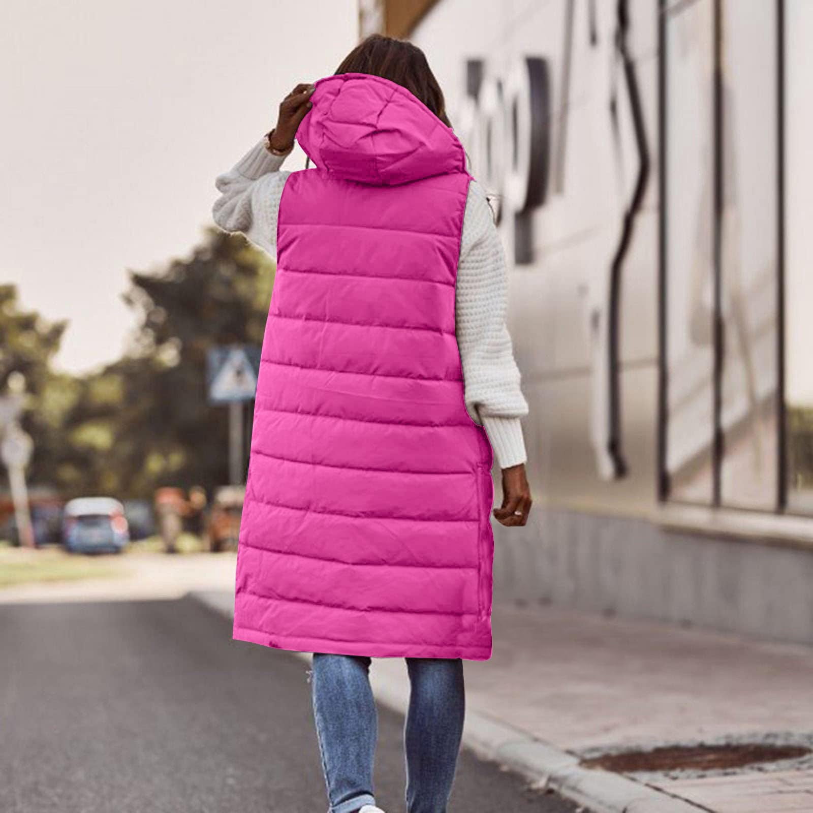 Womens Puffer Vest Sleeveless Hooded Long Quilted Vests Zip Up Lightweight Puffy Winter Jackets Gilet with Pockets