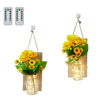 

2pcs Rustic Mason Jar Wall Sconces LED Fairy Lights Flowers with Remote Control Battery Powered for Country Home Wedding Cafe Bar Store Wall Bedroom Decoration