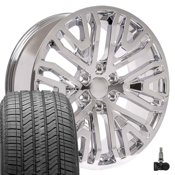 OE Wheels CV37 22 Inch Rims and Tires Fit Sierra 1500 Style 6x139.7 22x9 Chrome - Hollander 5906 - Alenza A/S 02 275/50-22 (Set of 4)