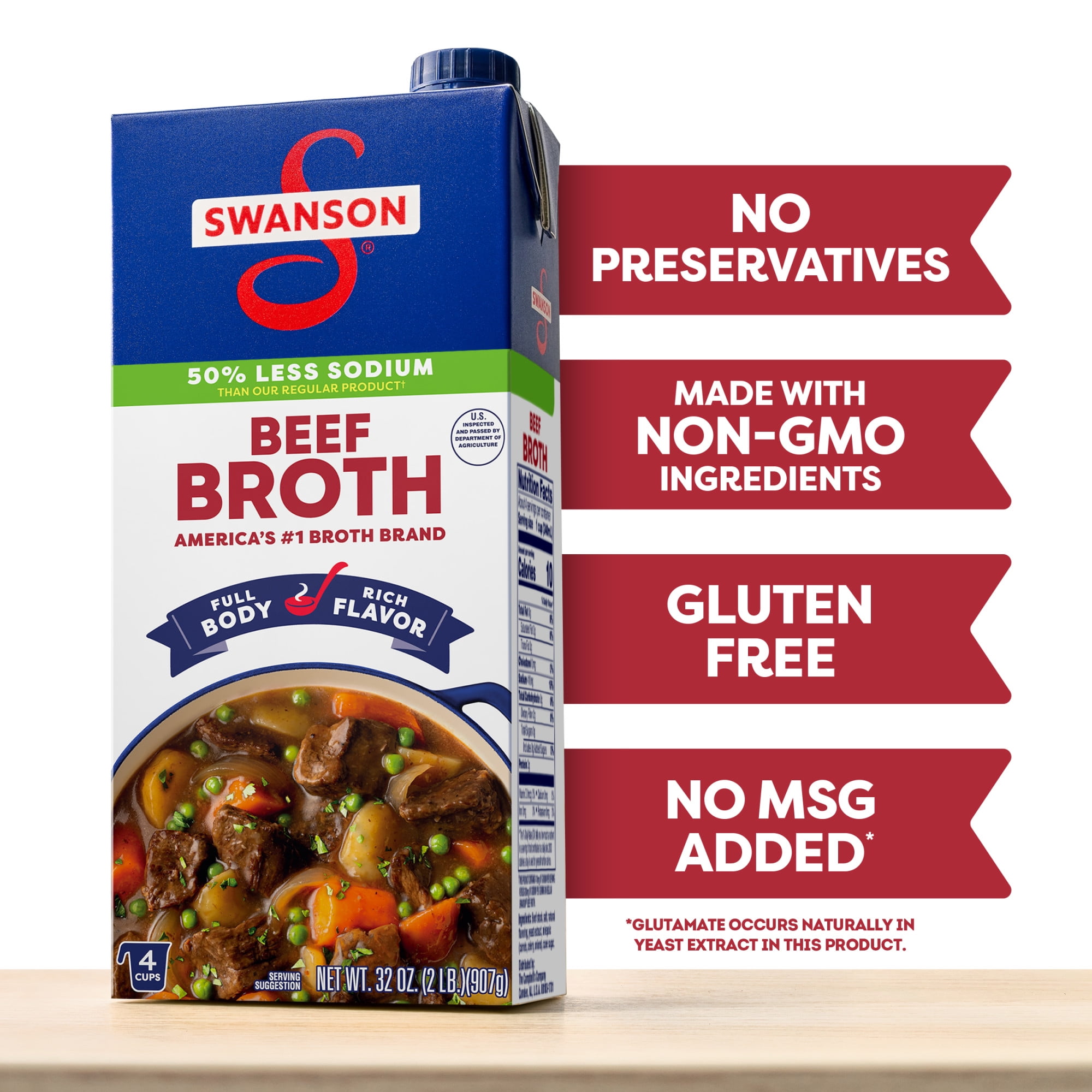 Swanson Lower Sodium Beef Broth, 32 oz Carton