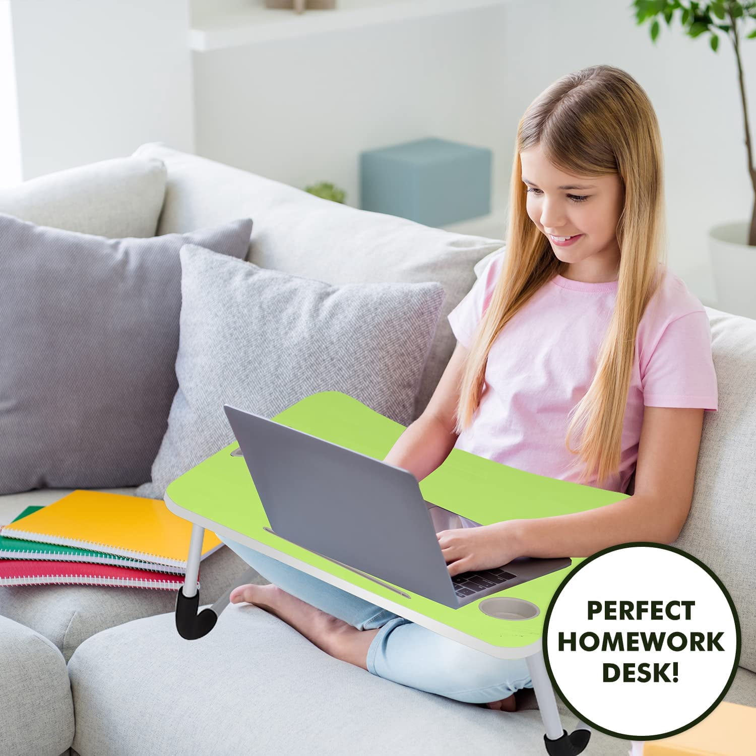 Folding Lap Desk for Bed and Sofa - Portable Wide Surface Bed Desk with Built-in Cup Holder and Tablet or Phone Slot for Working, Studying, Eating, and Watching Movies (Green)