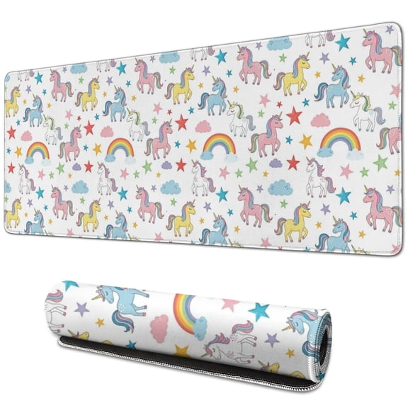 Long Mouse Pads for Desk,White Cartoon Unicorn Rainbow Cloud Star Desk Mats on Top Of Desks, Desk Mouse Pad Extra Large with 3mm Non-Slip Base and Stitched Edge for Gaming,Work,Home 31.5"x11.8"