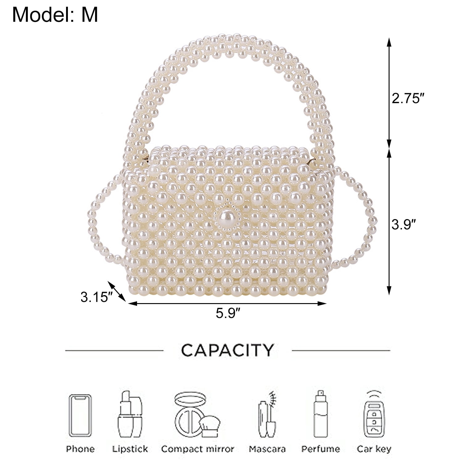 Frgharo Beaded Handbag for Women White Pearl Decoration Evening Bags with Detachable Chain Inner Bag &M Size