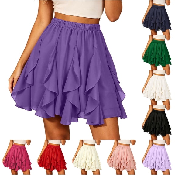 Unir Women Multi-Layer Ruffle Tiered Flowy Mini Chiffon Skirt Elastic High Waist Pleated Summer Beach Casual Bottom 1PC S-XXL Plus Size Friendly