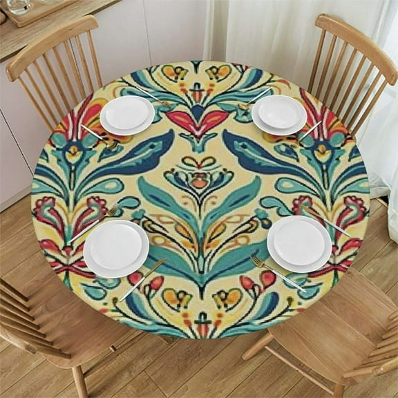 BANET Abstract Round Fitted Tablecloth with Elastic Edge, Background with Flowers Print Polyester Table Cloth, Fits Round Table, for Dining Banquet, 31"-35
