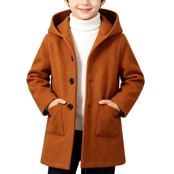 ZACPNCV Boys Hooded Wool Blend Coat Kids Single Breasted Mid-Length Pea Coat with Pockets Classic Fall Winter Warm Outerwear,Brown