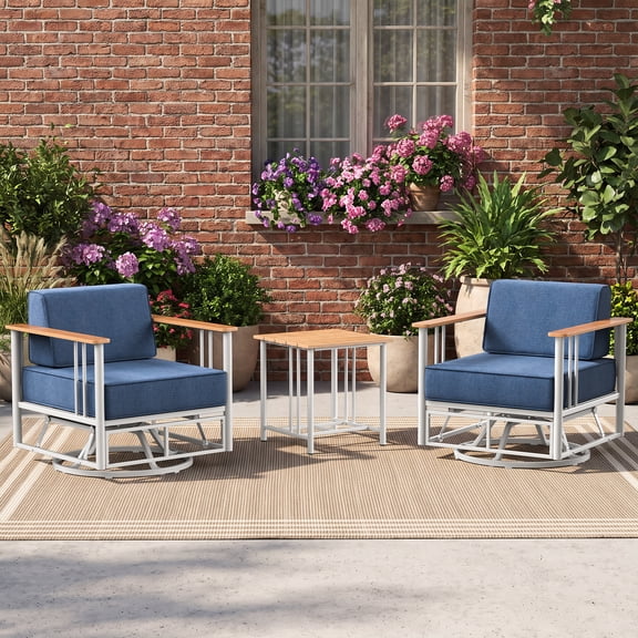 PARKWELL 3-Piece Outdoor Swivel Glider Chair with Side Table,Patio Oversized Metal Club Swivel Rocker Lounge Chairs with Luxury 6-Inch Thick Cushions for Front Porch Deck,White/Navy