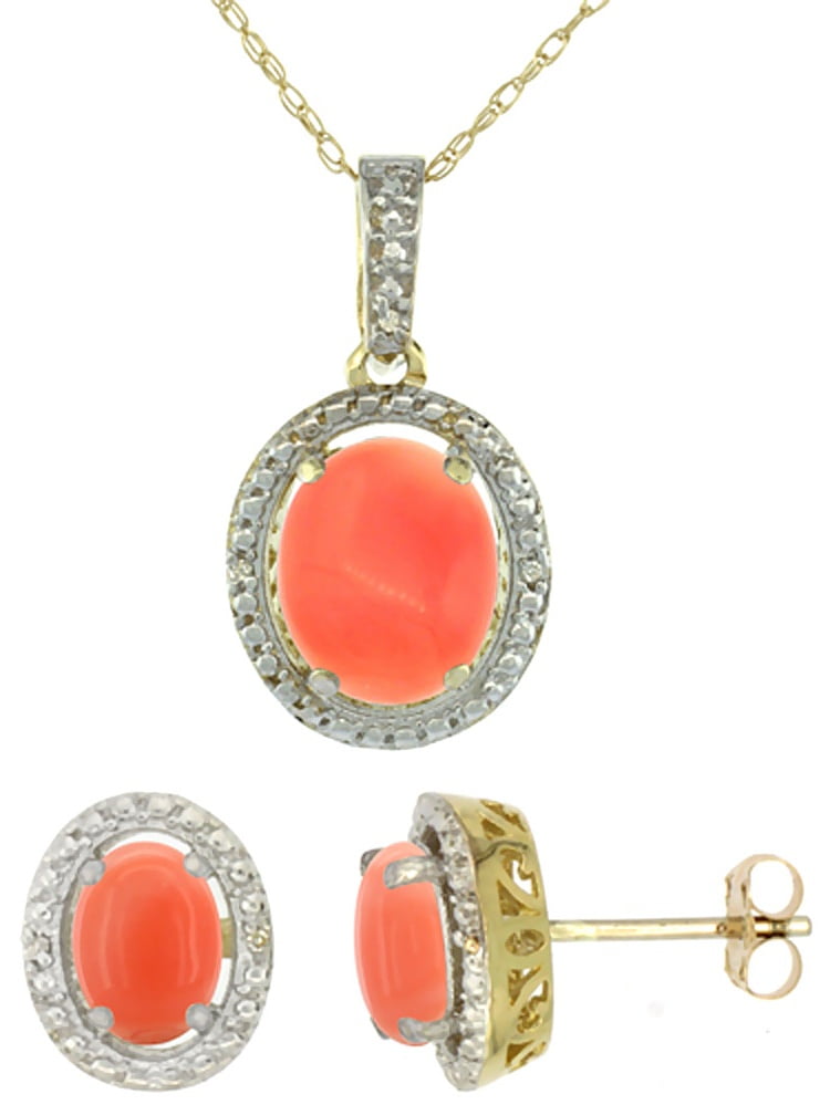 10K Yellow Gold Natural Oval Coral Earrings & Pendant Set Diamond Accents by WorldJewels