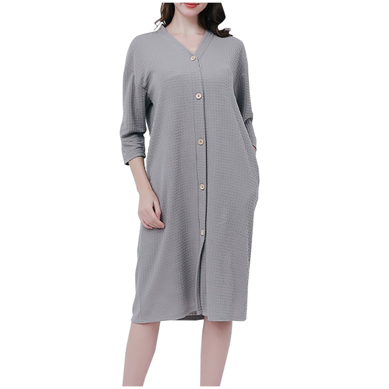 Feancey Waffle Knit Robes for Women Long Casual Button Down 3/4 Sleeve Nightgowns Solid Color Soft Bathrobes Comfy Loose Ladies Sleepwear Gray 3XL