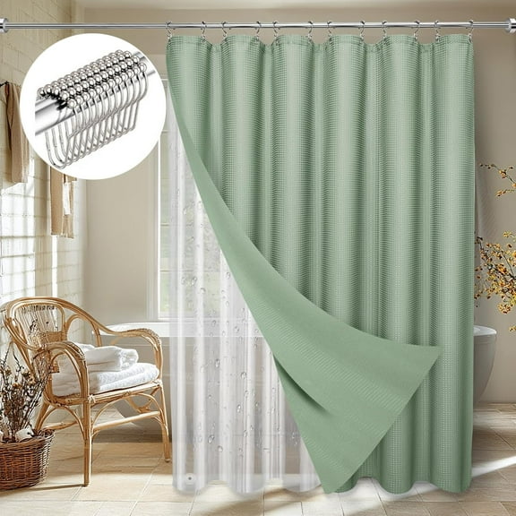 Zrodlmo Waffle Fabric Shower Curtain and Liners Sets with Hooks, Mildew-Resistant Thick Bathroom Curtain Set, 72" x 72", Green