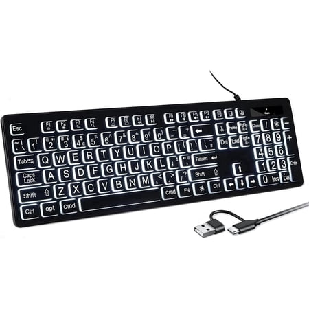Large Print Backlit Keyboard for Mac – Full Size Wired Layout Computer Keyboard with White LED Backlight, USB A + C Plug-N-Play, Compatible with Mac Mini, iMac, MacBook Pro/Air