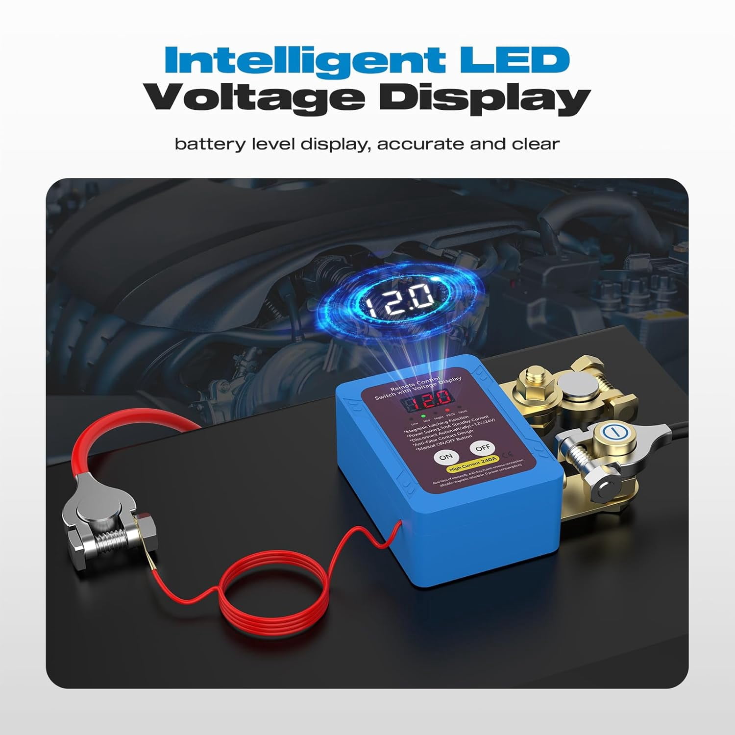 Kill Switch for Car, 12V 240A Remote Battery Disconnect Switch with Led Voltage Display Car Kill Switch Anti Theft Automatic Cut/Shut Off Switch for Auto Truck Marine RV ATV Boat