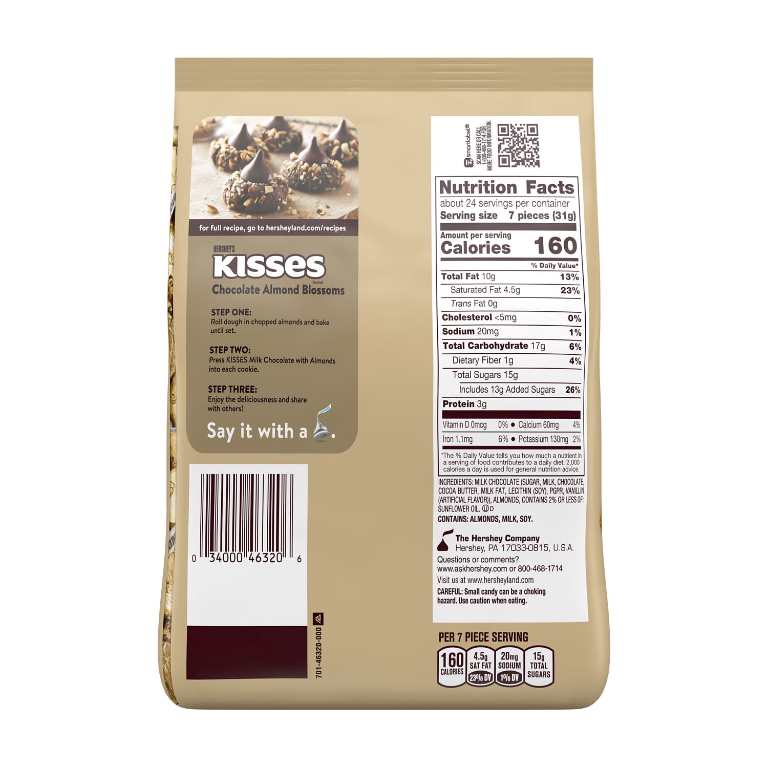 HERSHEY'S KISSES Milk Chocolate with Almonds Candy Party Pack, 26.5 oz