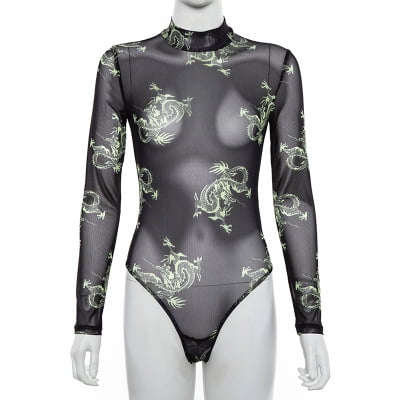 Women Mesh See Through Chinese Dragon Print Skinny Slim Bodysuit