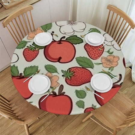 BANET Table Decoration for Party Fruits Apple Round Table Cloth Green Leaf Strawberry Polyester White Tablecloth Round Table for Dinner Table Decor 38 -42